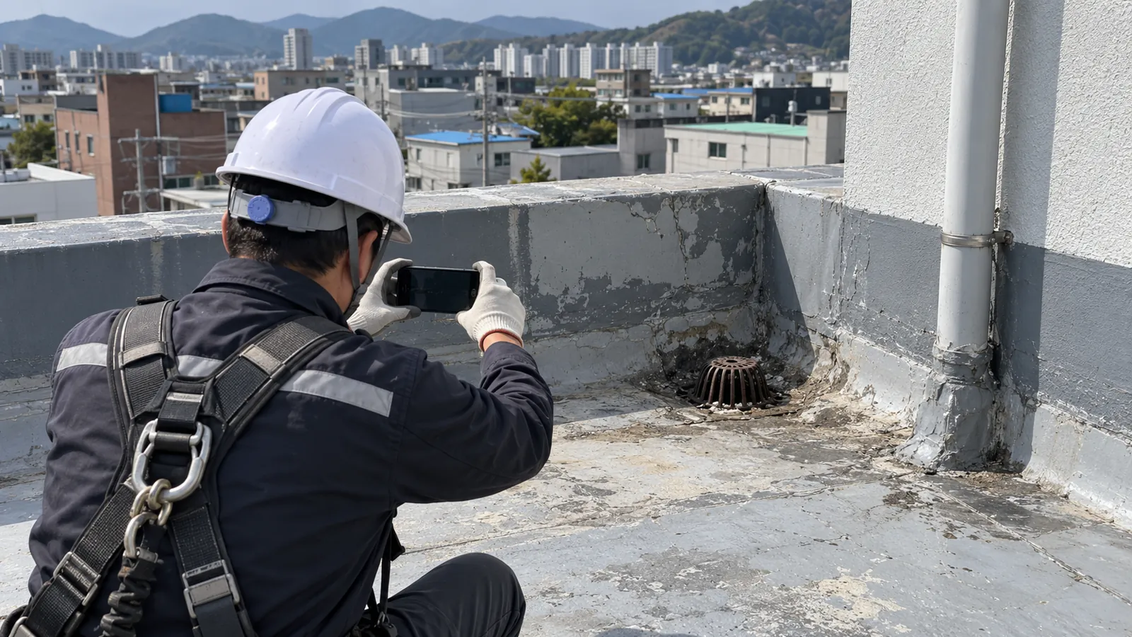 울산 OO동 옥상 배수구와 외벽을 함께 사진으로 남기는 예시