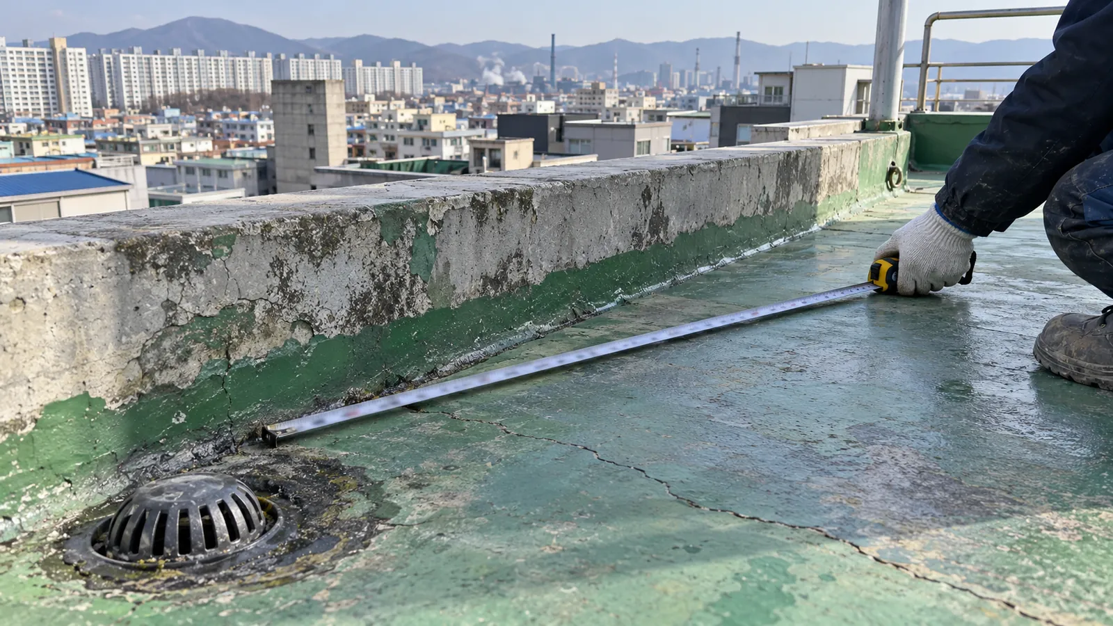 울산 OO동 옥상 방수 견적용 줄자 실측 예시