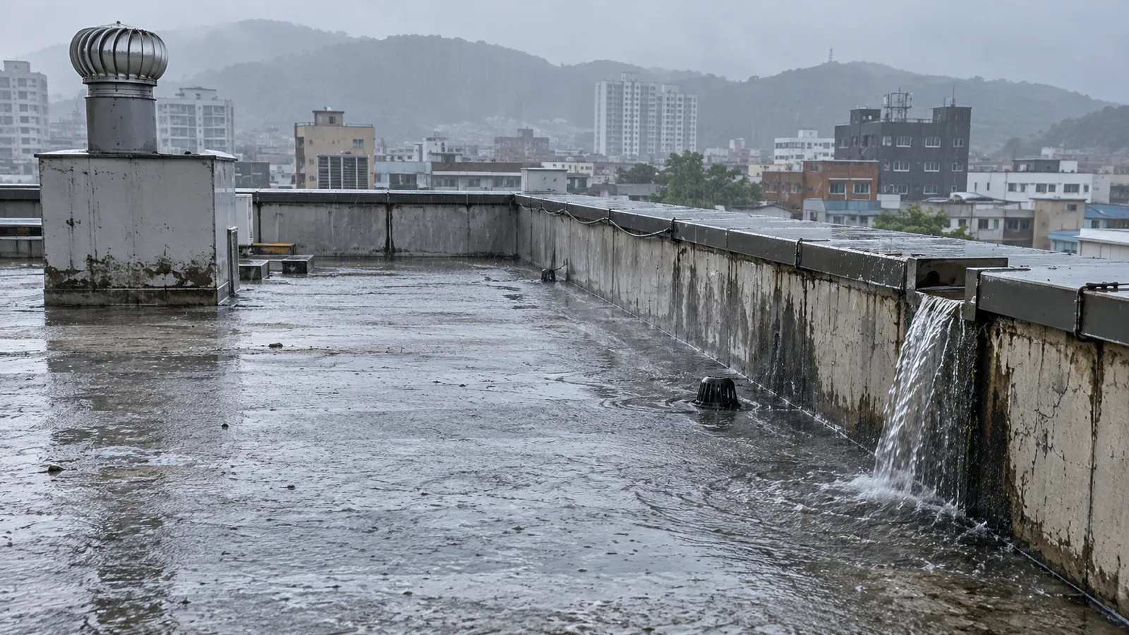 대구 누수탐지 비 오는 날 옥상 물 흐름 확인 예시