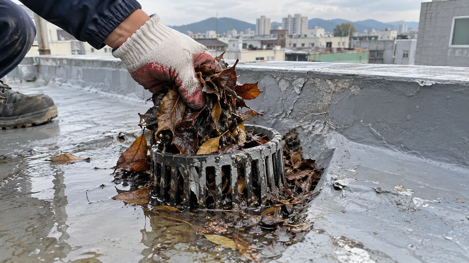 대구 옥상 드레인에 낙엽이 쌓인 점검 장면 예시