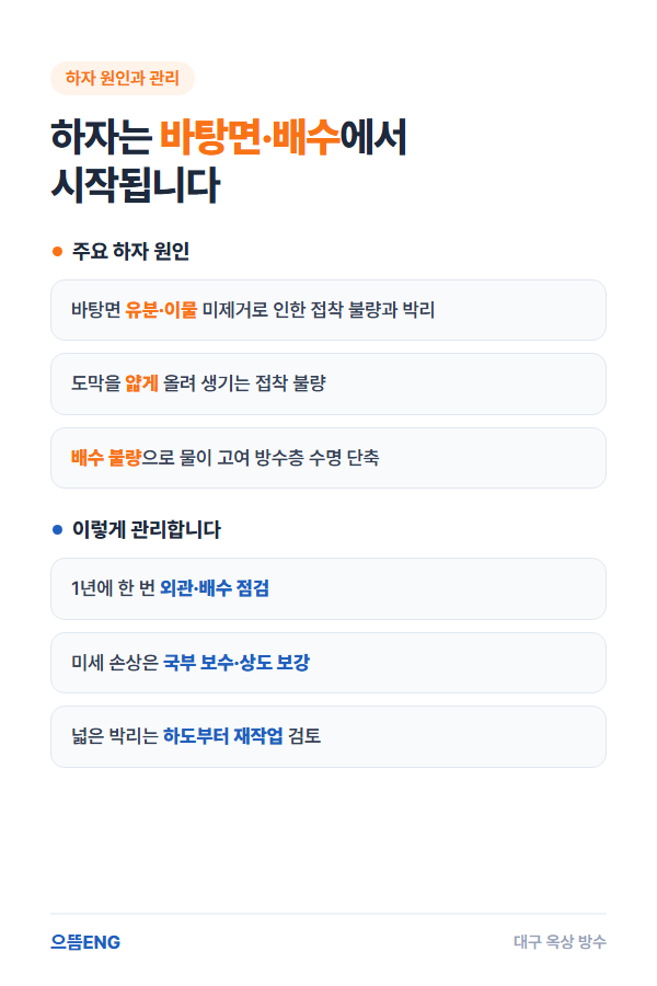 옥상 방수 하자 원인과 유지관리 방법을 정리한 도해