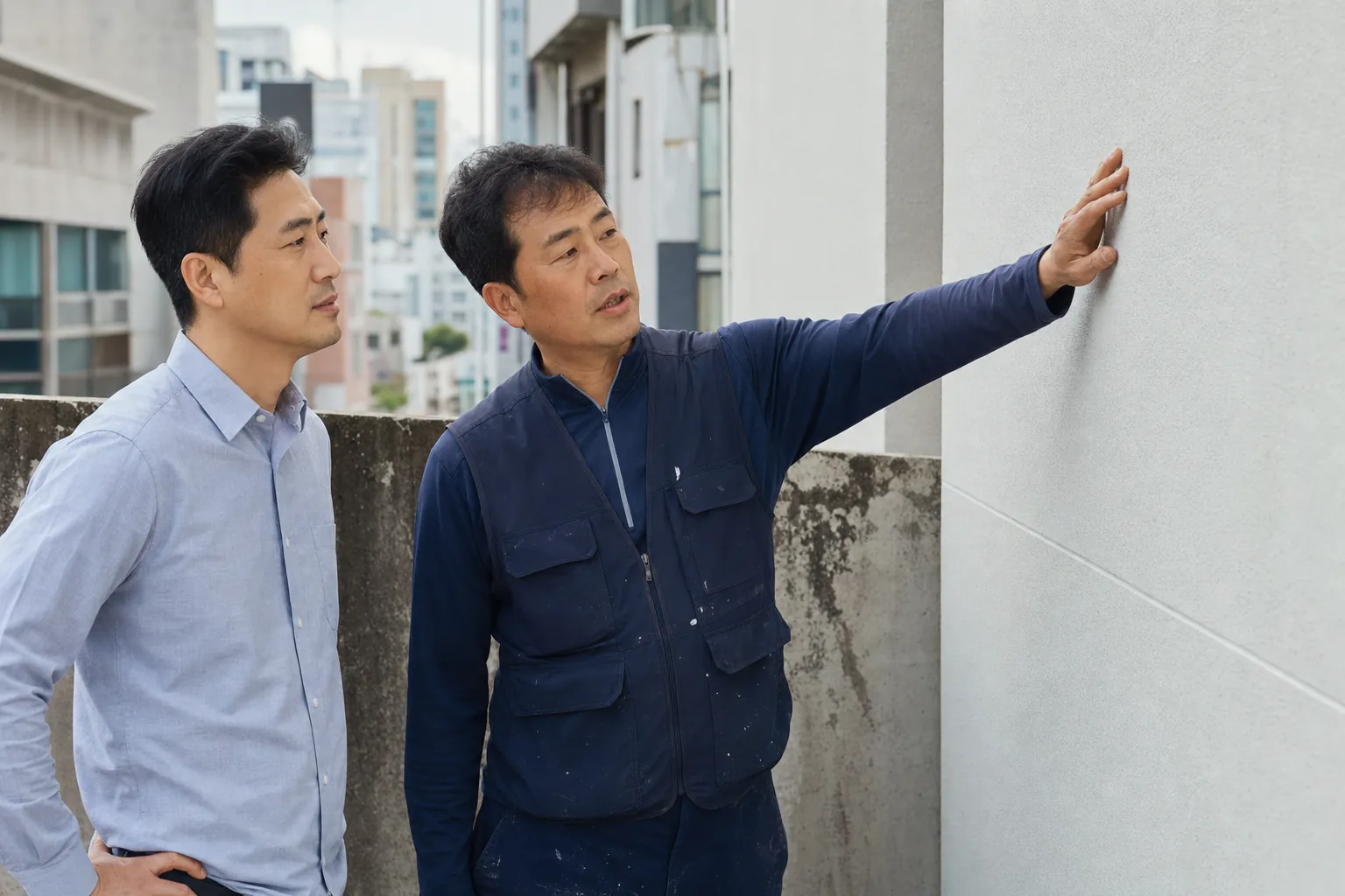 대구의 건물 외벽 상태를 함께 점검하는 시공 담당자와 건물주