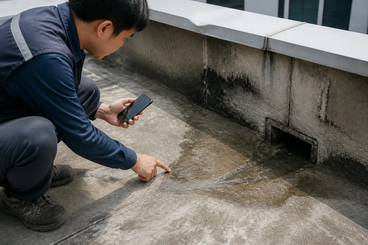 옥상 배수구 주변 물자국과 슬라브 들뜸을 점검하는 모습