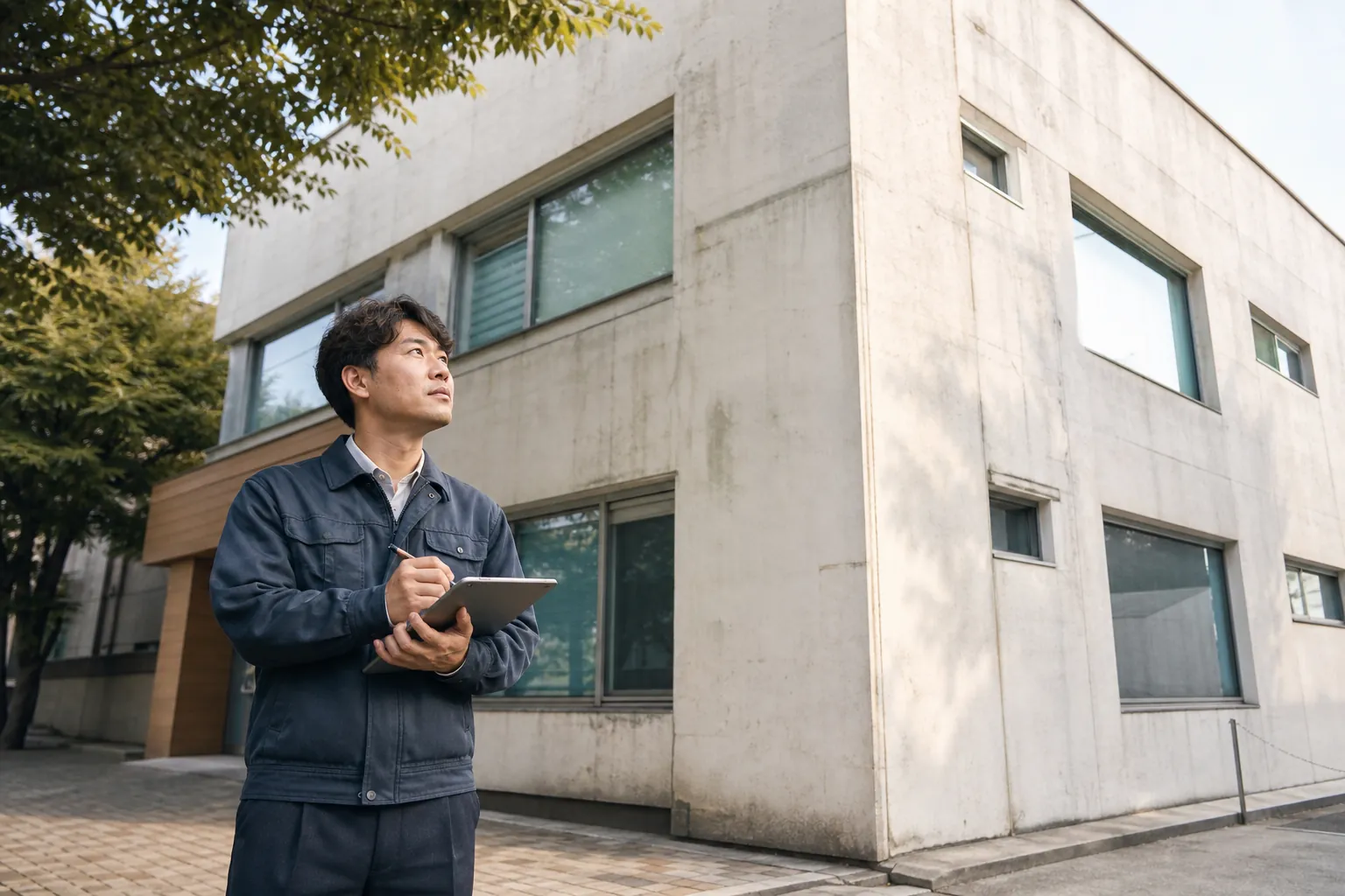 건물 외벽과 옥상 경계를 함께 살피는 진단 담당자