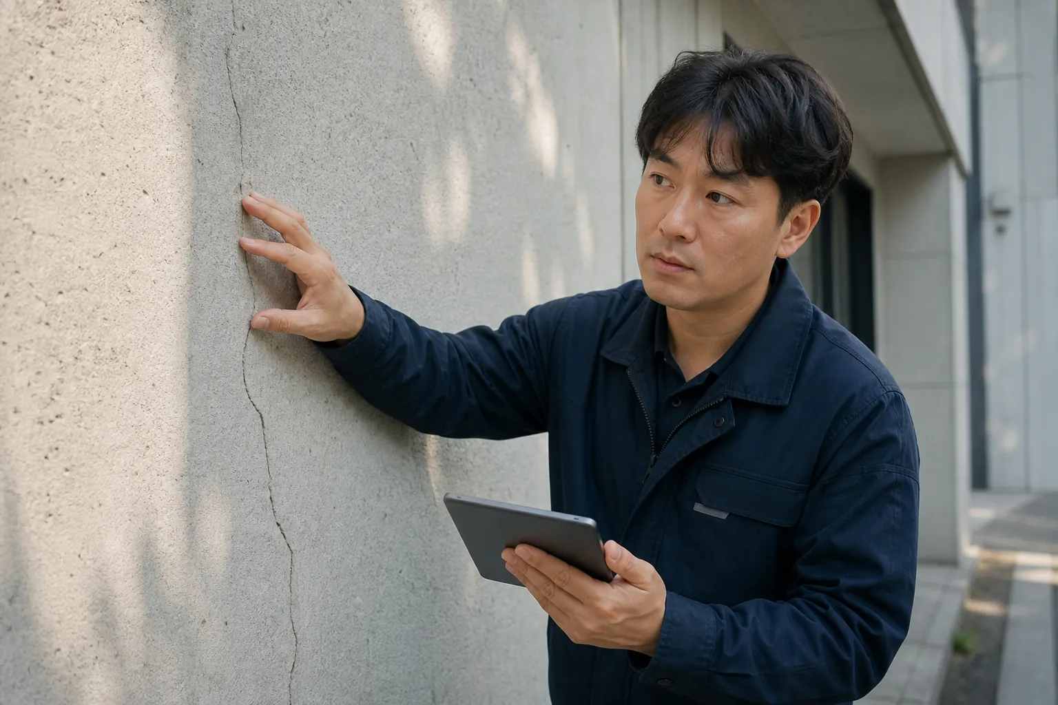 벽면 균열을 살피는 진단 담당자