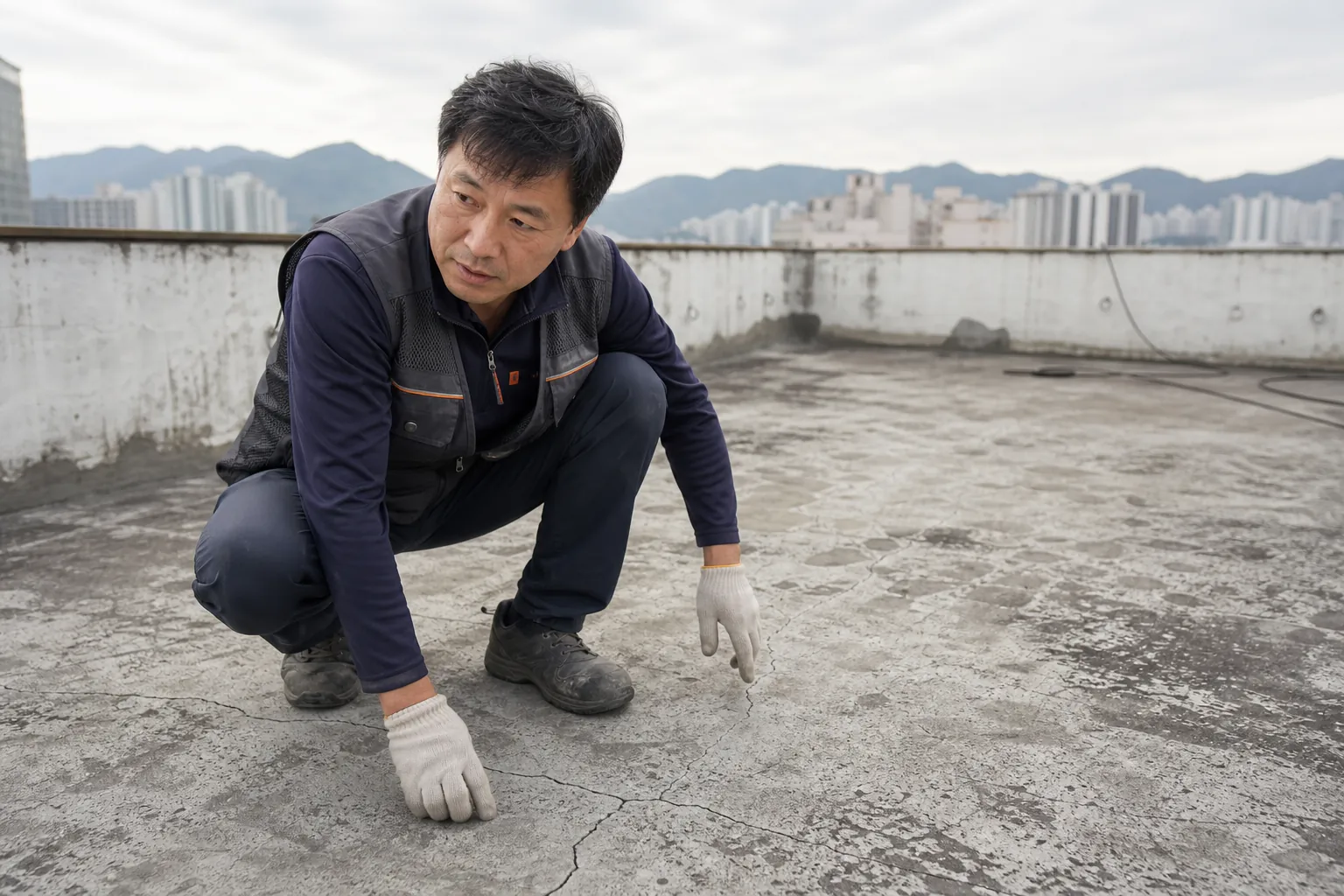 옥상 바닥 크랙 상태를 살펴보는 시공 기술자