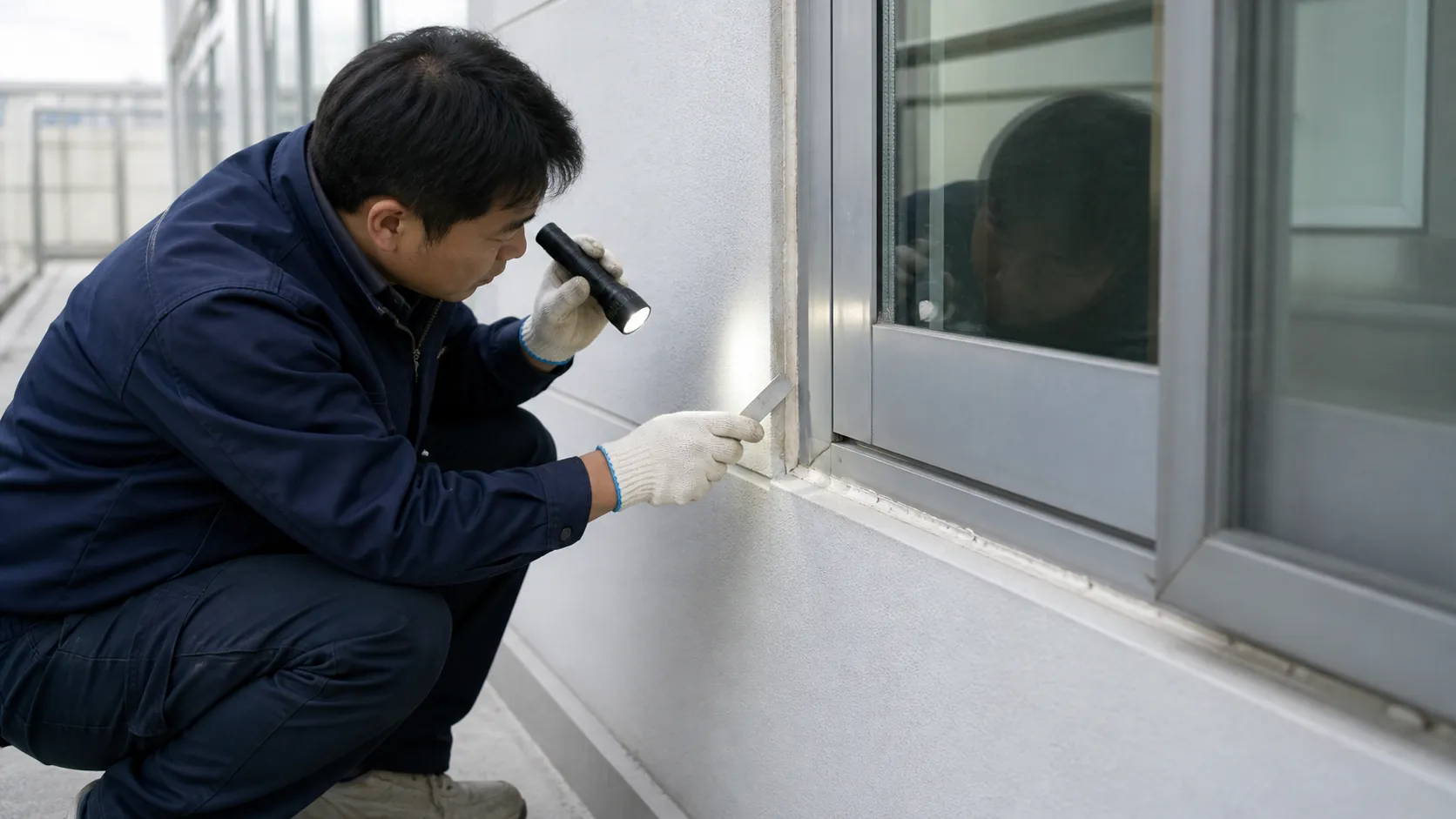 창호 주변 실링 상태를 조명으로 살펴보는 시공 담당자
